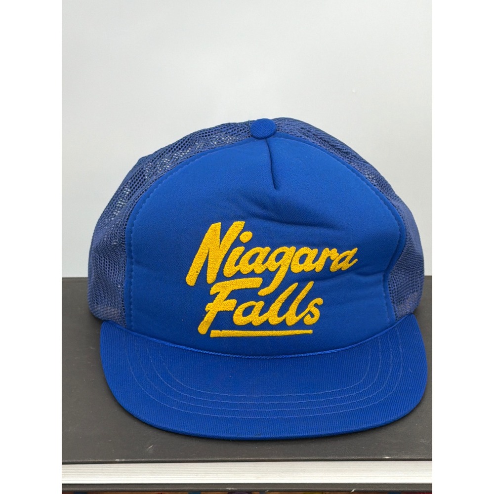 Vintage Niagara Falls Trucker Hat Blue Yellow Flocked Mesh Snapback Cap Korea
